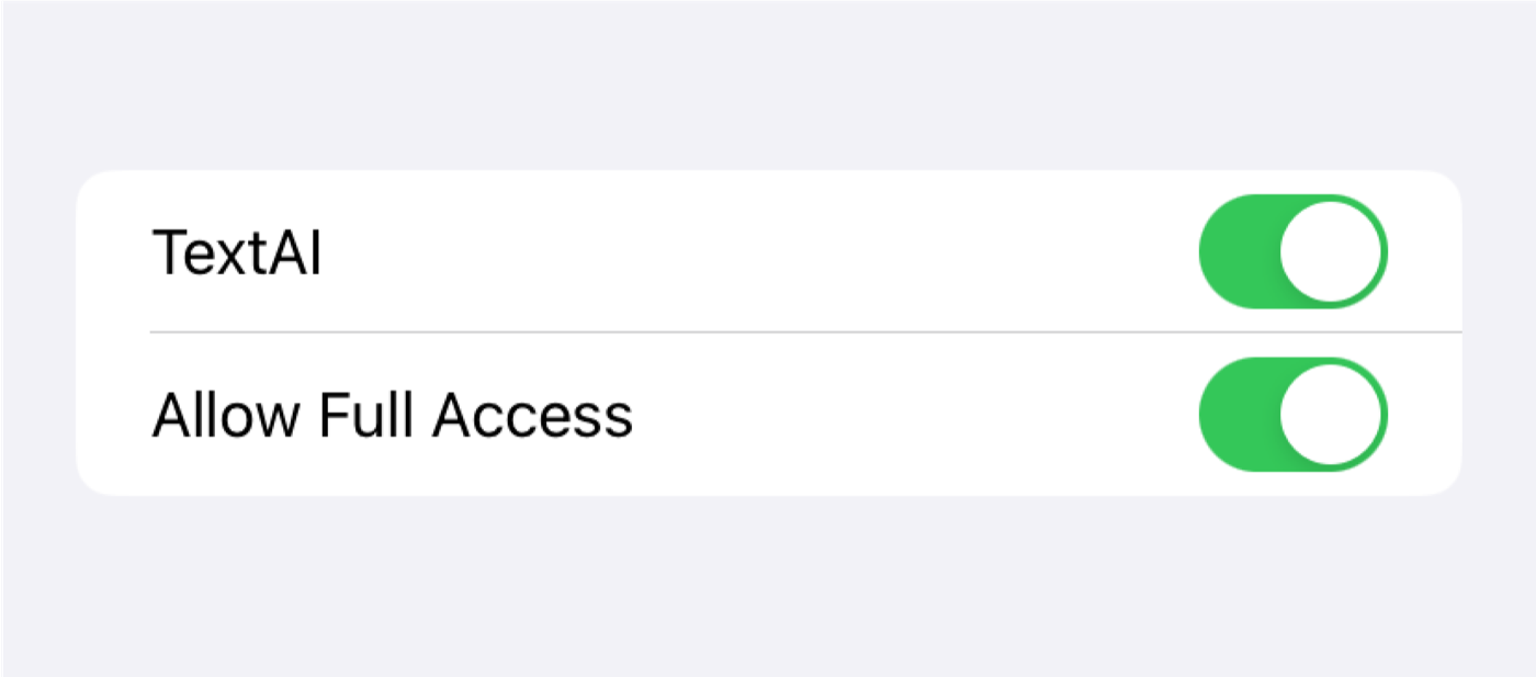 TextAI keyboard settings with TextAI and Allow Full Access switched on