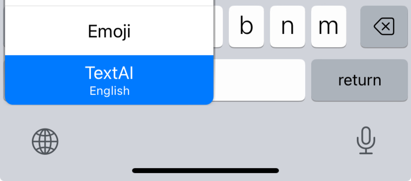 Keyboard switcher opened from the globe key with TextAI selected